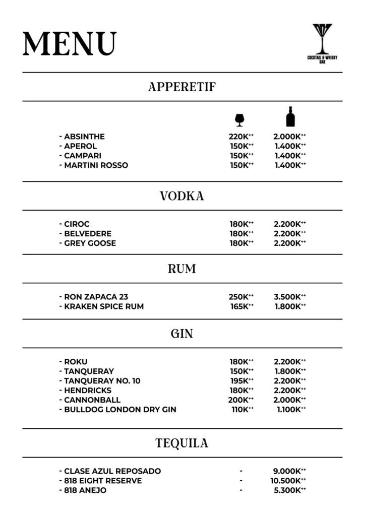 007 bar senopati menu