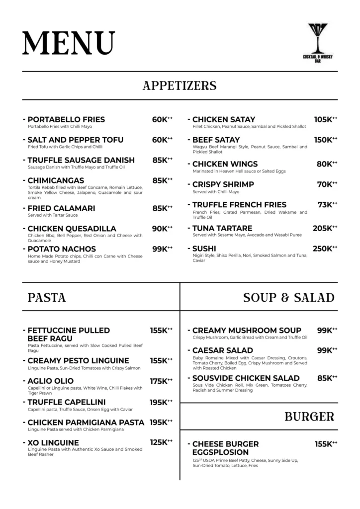 007 bar senopati menu