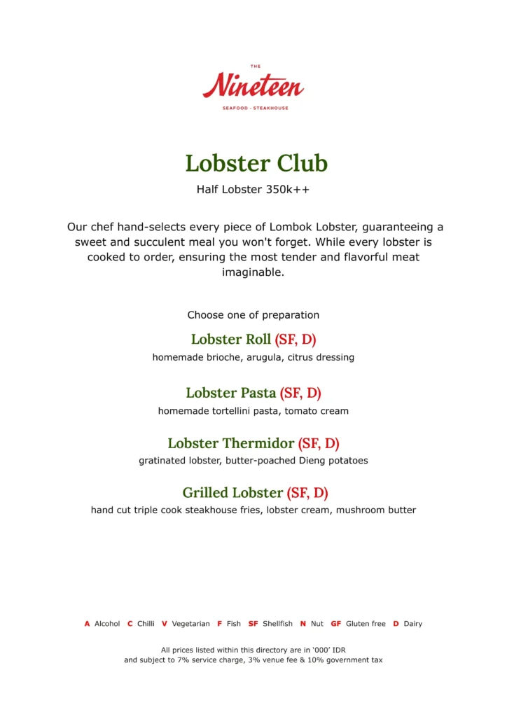 THE NINETEEN SCBD (UPDATED) MENU