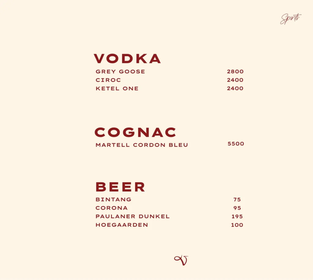 Velvet Social Club Jakarta Menu