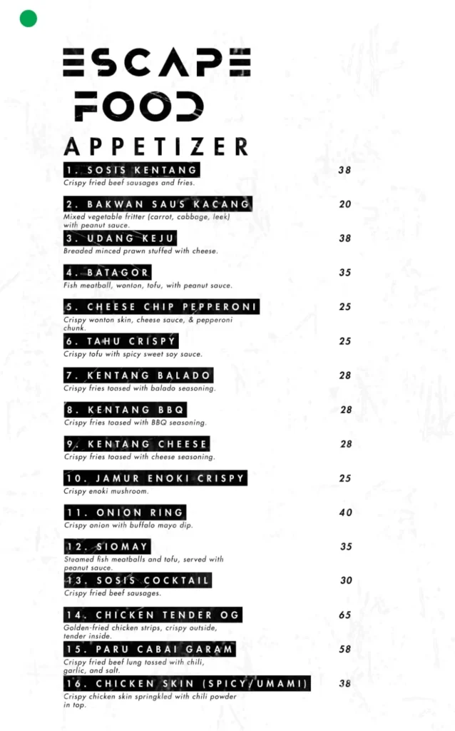 the escape jakarta menu