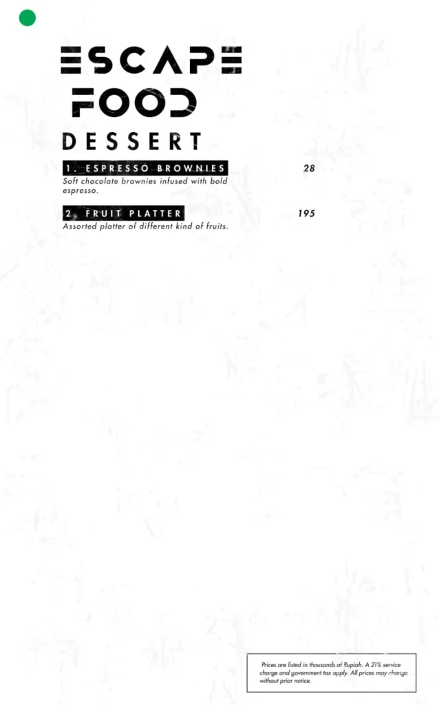 the escape jakarta menu