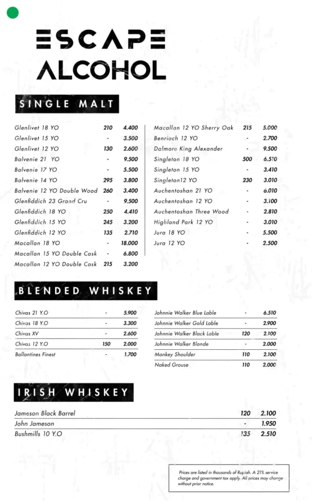 the escape jakarta menu