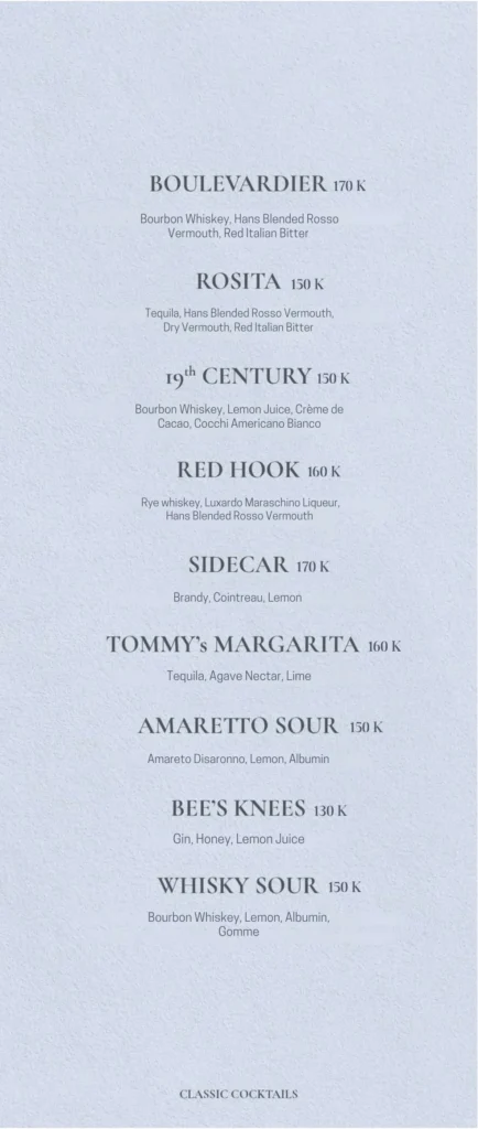 Mr. Hans Bar Jakarta Menu