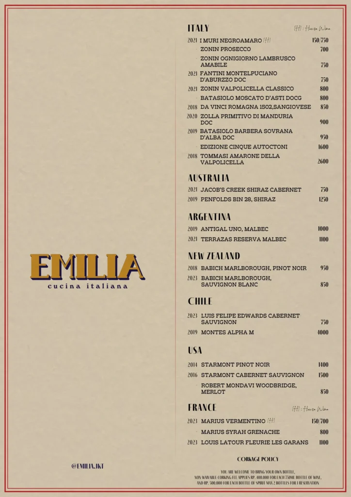 Emilia Cucina Italiana Menu