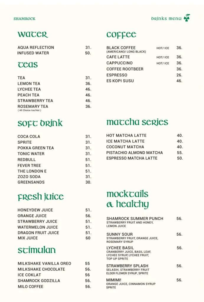 shamrock cocktail menu