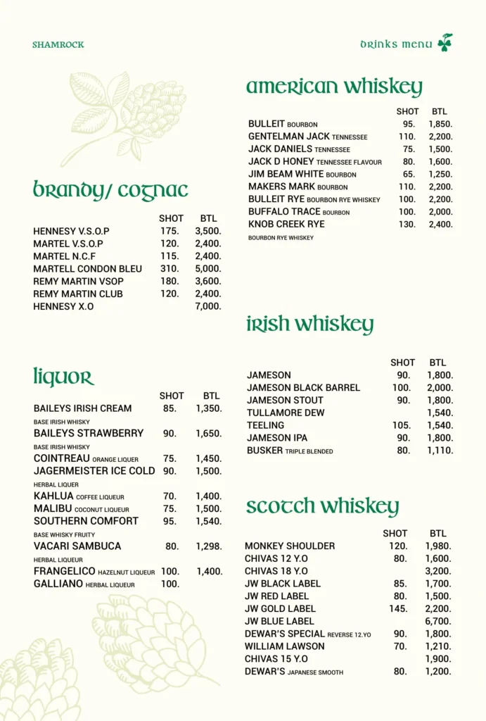 shamrock cocktail menu