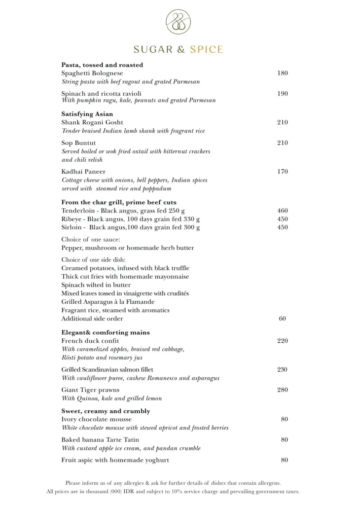 Sugar & Spice menu