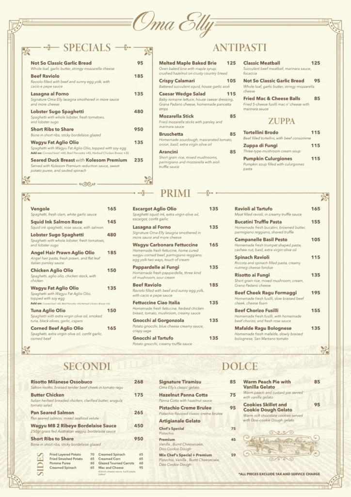 Oma Elly Trattoria Senayan City Menu